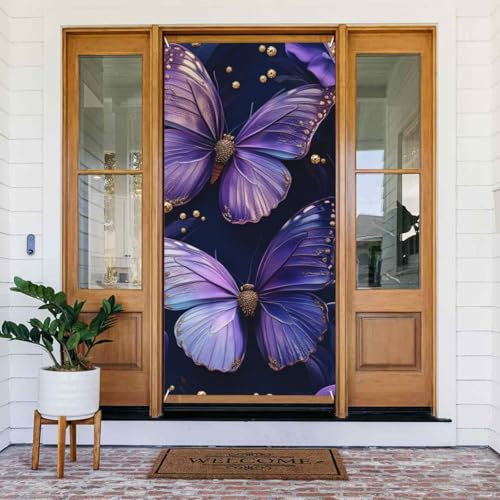 lohfxrgyjk Moderne Blumen und Schmetterlinge Türdekoration Lila Floral Türdekoration Willkommensfeier Dekoration für Innen und Außen 90 x 185 cm