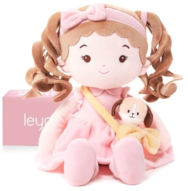 LeyaDoll Stoffpuppe mit Kuscheltier Hund 40 cm, Baby Spielzeug ab 1 Jahr | Rosa Geschenkbox inklusive, mit gesticktem Gesicht und extra weichem Stoff zum Kuscheln – einfach maschinenwaschbar.