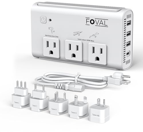 FOVAL - Convertitore di tensione da viaggio da 2000 W per asciugacapelli, convertitore di potenza ridotta da 220 V a 110 V per ferro arricciacapelli, piastra con ricarica USB a 4 porte US/AU/UK/EU/IT