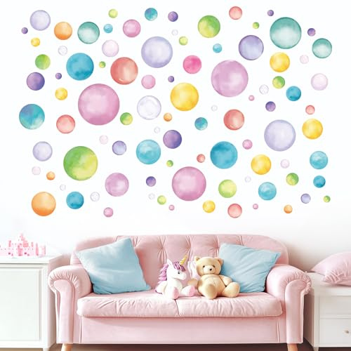 fufuquare Pastellfarbene Wasserfarben Punktmuster Wandaufkleber mit Runden Kreisen, Abziehbare Vinyl Wandtattoos zum Selberkleben für Mädchenzimmer, Kinderzimmer, Spielzimmer, Klassenzimmer