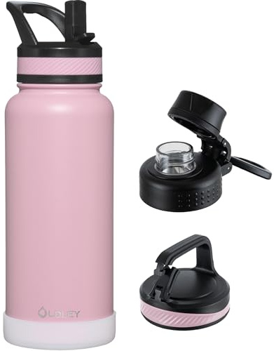OLDLEY 1L Insulated Stainless Steel Water Bottle with Straw, Leakproof 1000ml Metal Water Bottles with 3 Lids & Handle, Double Wall Vacuum Flask Keep Hot and Cold for Sports, Travel, School (Pink)