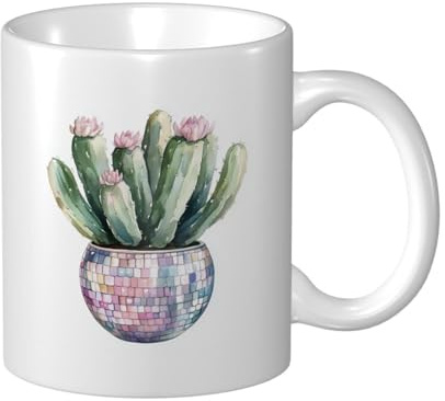 Watercolor Cactus in Disco Ball Pot Ceramic Cup, Elegant Coffee Mug Tee Drinkware Water Cup for Home Office 11oz
