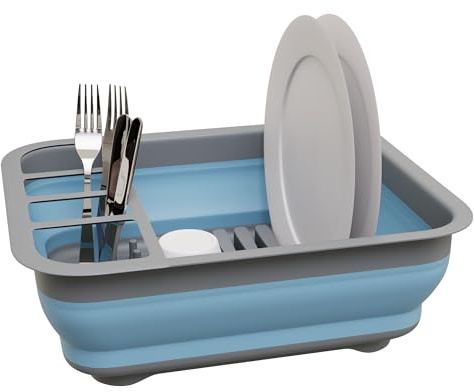 Knight Collapsible Dish Drainer Rack – Foldable Dish Drying Rack With Cutlery Divider, Compact Kitchen Storage Dish Rack For Plates, Cups & Bowls, Space Saving For Home, Camping & Caravans (Blue)
