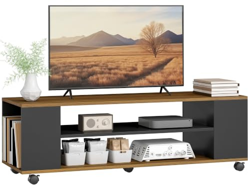 HOMCOM Mueble de TV con Ruedas para Salón 120x40x38,5 cm Nogal y Negro | Mesa de TV Suspendido o de Pie, con 4 Estantes Abiertos, para Televisión de 55 Pulgadas, Estilo Moderno