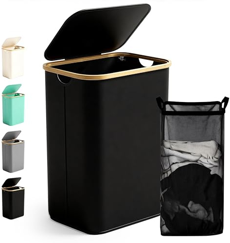 Ribelli Wäschekorb 85 Liter, Faltbarer Wäschesammler mit Deckel und Herausnehmbar Wäschesack, Wäschetonne Schmal für Waschküche, Bad, Schlafzimmer, Schwarz