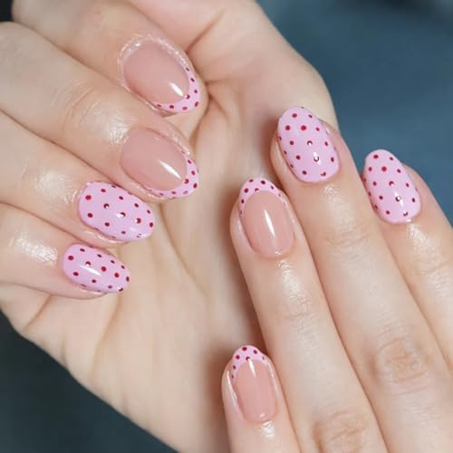 Pink Polka Dot Press On Nails Glossy French Design - Nude Pink Base Pastel Cute Nails For Women Daily Wear At-Home Manicure Set of 24, Almond Shape, Easy Application, Salon Style, False Kit