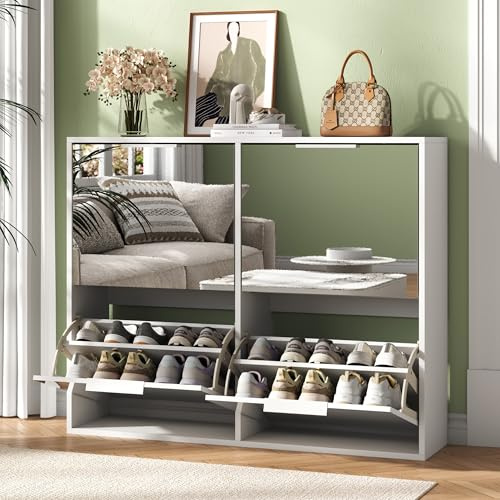 UEV Wide Mirror Shoe Cabinet with 4 Flip Drawers, Wall-Mounted Ventilated Storage Unit, Space-Saving Organizer for Hallway, Bedroom or Small Flats, Mirror White