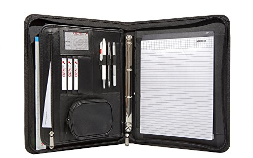 Genie A4 Schreibmappe mit herausnehmbarem Ringbuch (Frankfurt; rundum Reißverschluss; inkl. Schreibblock; in Lederoptik und strukturiertem Nylon) schwarz
