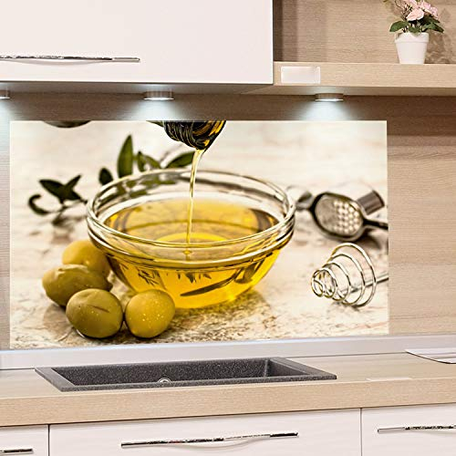 GRAZDesign Küchenrückwand Glas Bild Spritzschutz Küche | Druck hinter Glas | Bild Motiv Olivenöl Kunstdruck Gasherd Küchenbilder Glas für Herd und Spüle, 80x50cm