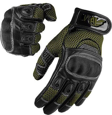 ADM Gants Moto Femme Homologués CE Cuir Été Hiver Mi-Saison Gants Scooter Femme CE Noir & Vert Kaki Tactiles Souples Respirants Taille XS S M L (Réf. 9001 LDY)