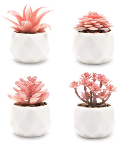VIVERIE Suculentas de imitación en macetas de cerámica Blanca para Escritorio, Oficina y decoración del hogar, Incluye Plantas Falsas (Juego de 4 suculentas Artificiales)