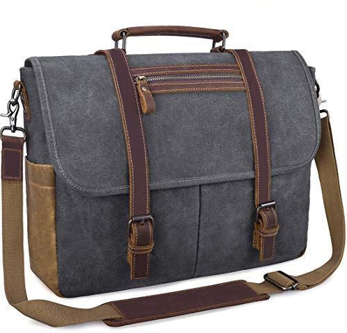NUBILY Umhängetasche Herren Aktentasche Laptoptasche Leder wasserdichte Canvas Messenger Bag Arbeitstasche Groß Vintage Schultertasche Notebooktasche 15.6 Zoll Grau