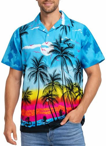 King Kameha Herren Hawaiihemd Kurzarm – Sommer Aloha Shirt mit Strand-Print, leicht und pflegeleicht