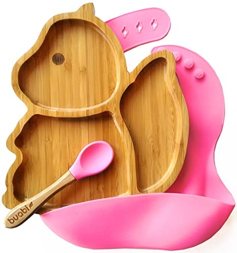 BUABI Vajilla de Bambú y silicona (ARDILLA). Set 3 piezas: Plato, Cuchara y Babero. Con ventosa antideslizante en la base. Bambú natural y silicona grado alimentario, Ecológico sin BPA (Rosa)
