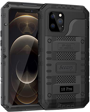 Beeasy für iPhone 12 Pro Wasserdicht Outdoor Hülle (6,1), Stoßfest Panzerhülle Militär 360 Grad Schutzhülle mit Displayschutz, Robust Metall Heavy Duty Handyhülle iPhone 12 Pro Case, Schwarz