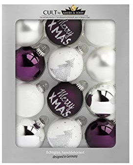 KREBS & SOHN 12er Set Weihnachtskugeln aus Glas - Christbaumschmuck Christbaumkugeln Weihnachtsdeko - Weiß, Lila, Silber, (8,0 cm)