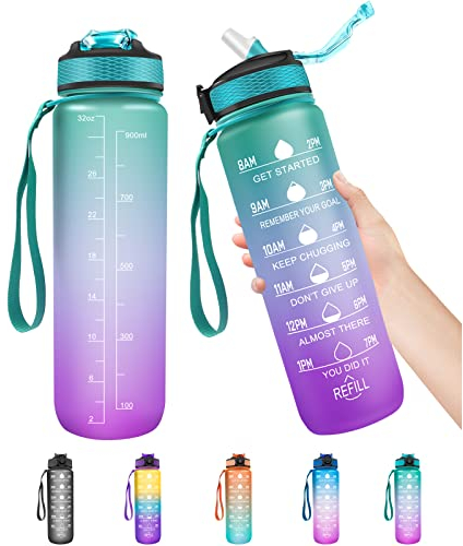 1 Litre Water Bottle with Straw, Time Markings Motivational Sport Water Bottles, Bpa Free Tritan Drinks Bottle for Girls, Boy, Fitness, Outdoor, Cycling, Gym, School & Office (Green Purple)