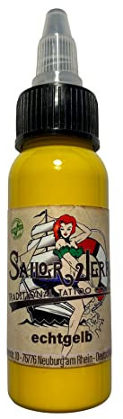 REACH-konforme Sailor Jerry Tattoofarbe Echt Gelb 30 ml, deutsche Tattootinte, Made in Germany. Mit Zertifikat. Tätowierfarbe, Tattoo Ink