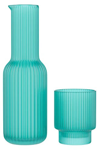 Bedside Water Night Set Carafe with Tumbler Glass; Easy Pour Spout for No Mess Use in Bedroom, Office, Kitchen; 30 oz Capacity Carafe with a 12 oz Tumbler, 3.4”x 10”H; Ribbed Pitcher; Aqua Blue