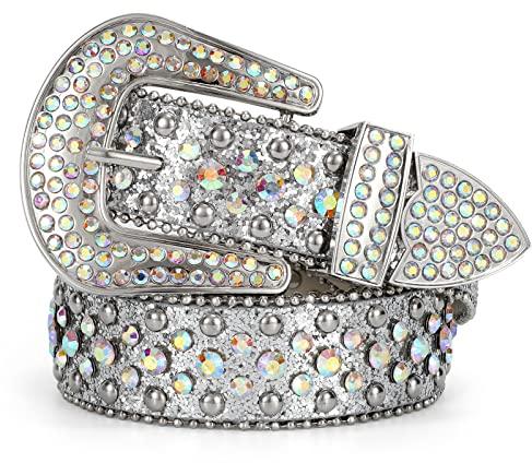 LEACOOLKEY Strass Gürtel für Damen für Jeans,Western Cowgirl Nieten Punk PU Ledergürtel,Damen Schwarzer Strass Gürtel(S:Passgröße 70cm-80cm = 105cm Gesamtlänge, C-Silber)