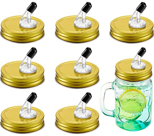 Tessco 8 Stück Einmachglas-Ausgießer mit Klappe, Einmachglas mit Ausguss, normale Öffnung, Größe 70 mm, auslaufsicher, Keimabdeckung für Moonshine, Whiskey, Cocktail, Flüssigkeit (Gold)