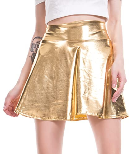 NewL Sexy Metallic Hohe Taille Mini PU Leder Rock Club Party Tanz Glänzend Holografisch Harajuku Metallic Plissee Unterteil, Gold, 36