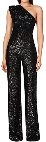 KBOPLEMQ Damen Jumpsuit Eine Schulter V-Ausschnitt Lang Overall Pailletten Hosenanzug Playsuit Romper, Sparkly Jumpsuit Clubwear, Glitter Elegant Party Strampler Cocktail Outfit