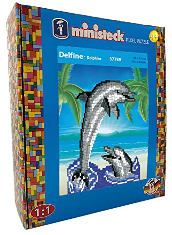 Ministeck 37789 - Mosaikbild Delfine, ca. 26 x 33 cm große Steckplatte mit ca. 1.100 bunten Steinen, Steckspaß für Kinder ab 4 Jahren