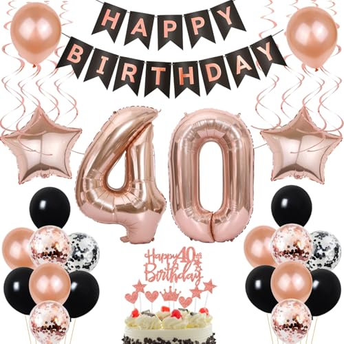 Luftballon 40. Geburtstag Dekoration Rose Gold Schwarz Geburtstagsdeko 40 Jahre Tortendeko Geburtstag 40 Frau,Happy Birthday 40 Frauen