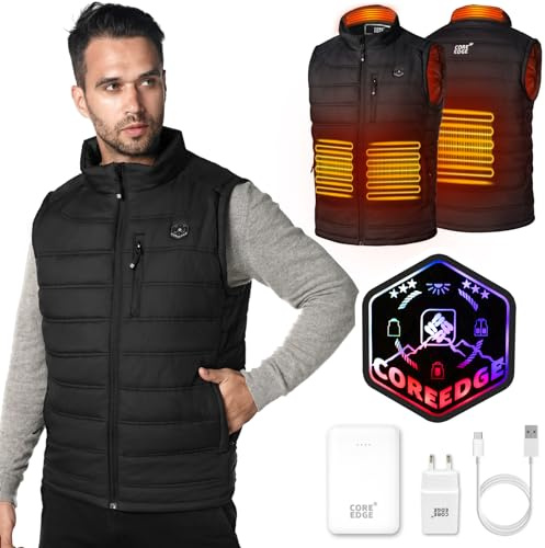 COREEDGE Gilet Chauffant Homme avec 6 Poches, Veste Chauffante Homme avec Batterie&Prise, 5 en 1 Interrupteur, Etanche Doudoune Chauffante Électrique avec 6 Zones de Chaleur, Temp Plus Élevée L