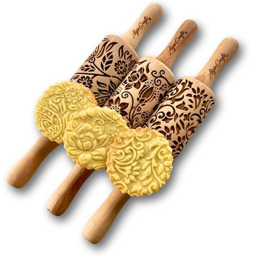 FLORET Ensemble de 3 rouleaux à pâtisserie gravé pour vous ou vos enfants | Rouleau Pâtisserie en Relief pour DIY Faire | pour la décoration de biscuits | par Algis Crafts