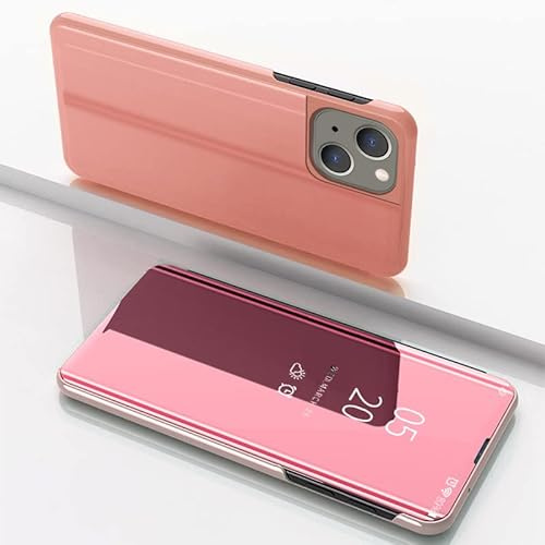 COTDINFOR Handyhülle für iPhone 15 Flip Hülle Spiegel Cover Stoßfeste Kratzfestigkeit Case Slim Clear Spiegel Ständer Etui Schutzhüllen Cover für iPhone 15 Mirror Roségold MX.