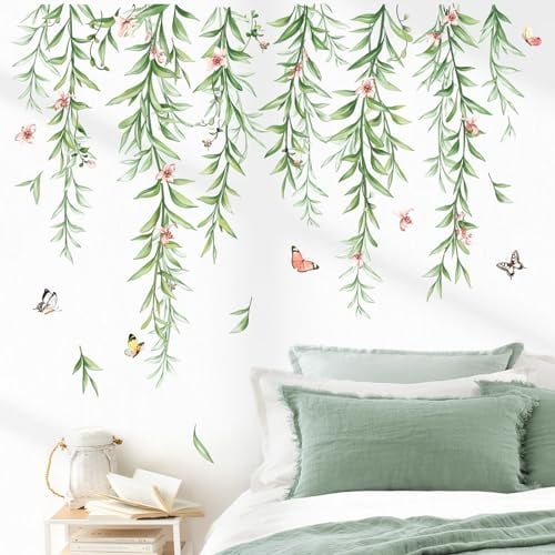 wondever Hanging Vines Flowers Wall Stickers Plants Green Leaves Peel and Stick Wall Art Decals for Living Room Bedroom Sofa TV Background Office
