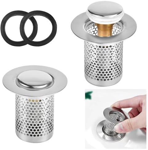 ADERTOS 2 PCS Filtro Fregadero de Acero Inoxidable Filtro Ducha Pelos Filtro de Drenaje de Suelo Tipo de Empuje Núcleo de Cobre de Rebote Filtro de Desagüe para Cocina, Baño, Balcón (A)