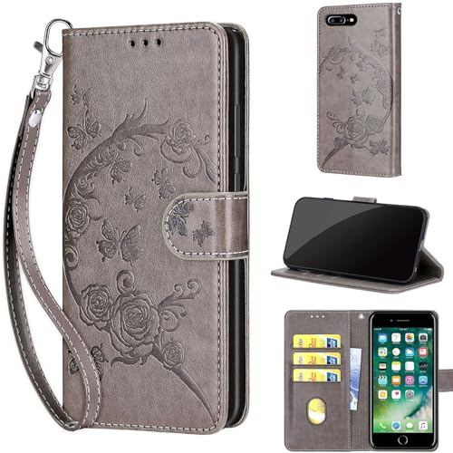 TOMYOU Wallet for iPhone 7 Plus / 8 Plus Case, Gray Flower | Embossed PU Leather, Folio Flip Notebook Wallet, Magnet Closure, Kickstand, 3 Card Slots, Wrist Strap Lanyard