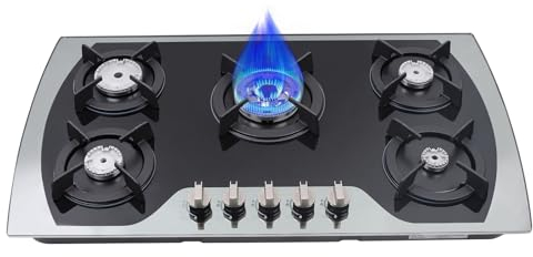 4/5 Zonen Gaskochfeld Einbauherd Erdgas/Propangas, Gas Kochfeld Einbau Gaskochfelder Edelstahl/Gehärtetes Glas, Mit Flammschutz, Mit Flüssiggasdüsen (Typ1: 5 flammig 90cm)