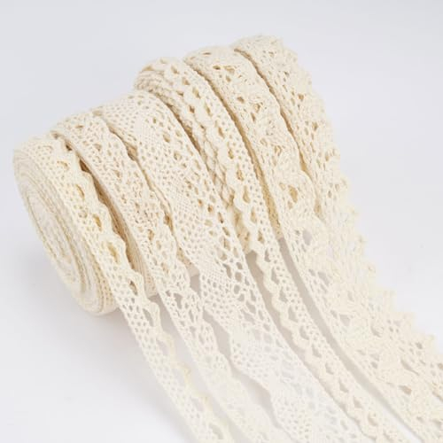 6 Rollos Puntillas de Encaje por Metros, 30M Encajes y Puntillas Beige, Cinta Decorativa de Regalo de Encaje, Cinta de Encaje Vintage de Algodón para Costura, Decoración de Bodas, Manualidades