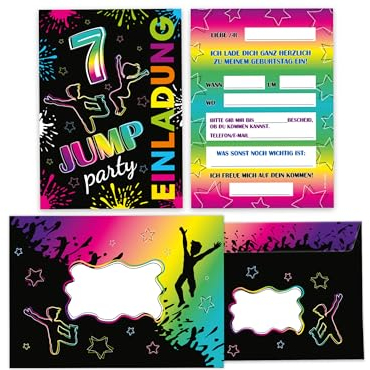 Limonia 12 Einladungskarten inkl. 12 Umschläge zum 7. Geburtstag Jump.Party Trampolin neon Einladung Set Geburtstag Mädchen Kinder Jungs Jungen Boys Teenies