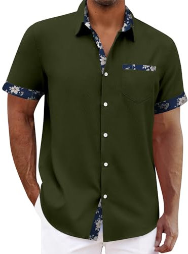 Summer Linen Shirt for Men - Short Sleeve Hawaiian Casual Shirt in Black - Adult XXL XL Multi