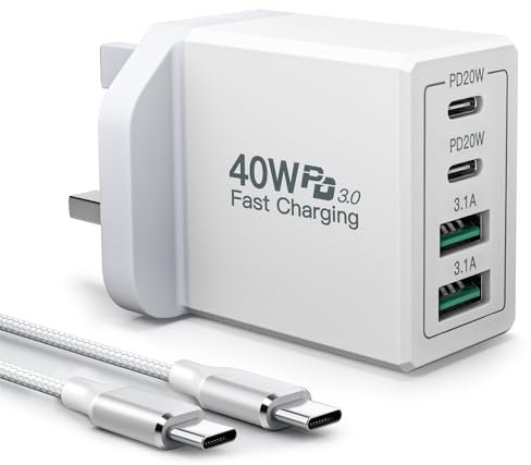 USB C Charger Plug,40W 4-Port Super Fast Charger USB Plug UK Travel Power Adapter Type C Plug Charging Station With 2M USB C Charger Cable for iPhone 15 pro max/15/14/13/12,Samsung S24/S23,iPad