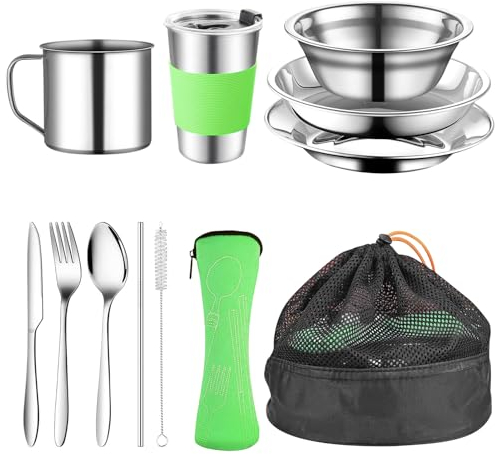 YushengTai Gavetta Scout, Set Verde da 10 Pezzi Kit, Campeggio con Posate, Forchette, Ciotole e Bacinelle Gavetta Scout, Gavetta Acciaio Inox per Viaggi All'aria Aperta, Campeggio, Picnic
