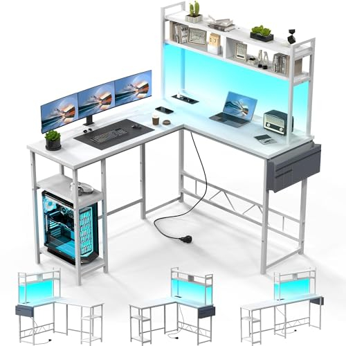 Devoko Gaming Tisch mit LED, Eckschreibtisch Gaming Schreibtisch mit 2 Steckdosen und 2 USB-Anschlüssen, Computertisch mit Aufbewahrung, Rahmen aus Stahl, 140 x 120 cm,Weiß