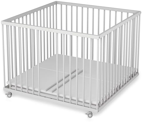 Sämann Laufstall Baby mit 3 Schlupfsprossen | TÜV geprüft | stufenlos höhenverstellbar | Laufgitter Premium | Babybett aus Holz | Krabbelgitter (weiß, 100x100 cm)