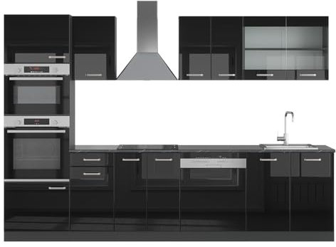 Vicco Küchenzeile R-Line, Schwarz Hochglanz/Anthrazit, 300 cm mit Hochschrank, AP Anthrazit