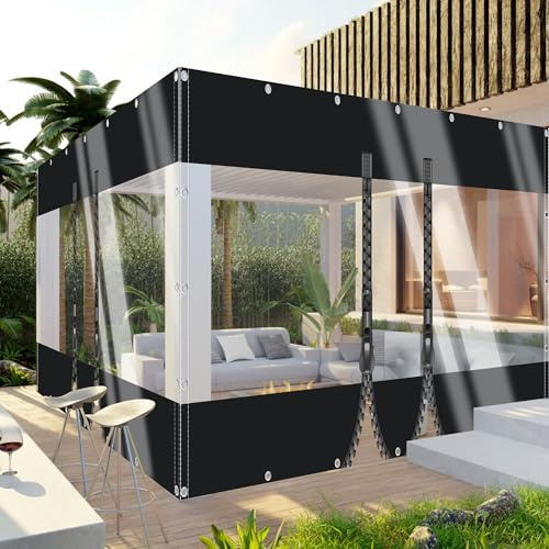 TMGJShd Transparente Plane Abdeckplane mit ösen PVC Outdoor Planenvorhänge 0,5mm Seitenplane 500g/m² für Garten Pavillon Terrassen Balkon Gewächshäuser. (Schwarz(2 Zipper) / Size: H:2m W:4m)