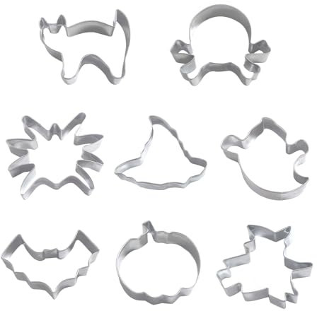 Qiuyan Juego de 8 cortadores de galletas de Halloween de acero inoxidable para hornear, calabaza, murciélago, araña, calavera, bruja, fantasma, gato, sombrero de bruja