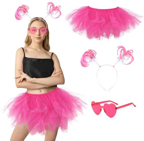 YOOCHUENG Jupes Tutu pour Femmes,Robe de Danse en Tulle à 6 Couches pour la Fête,Jupes de Danse en Tulle,Lunettes de Cœur,Bandeau Perruque,Jupe Tutu,Ensemble Rose