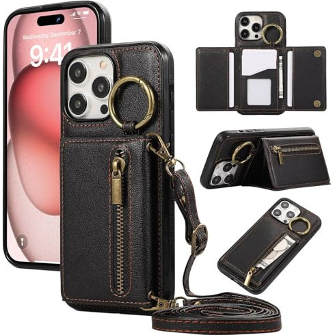 ESONG Portefeuille Bandoulière Coque pour Samsung Galaxy A55 5G avec Anneau, Etui en Cuir PU Flip Folio Cordon Housse pour Fille, Magnétique, Béquille, Fentes de Cartes Noir