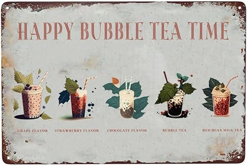 SBKGBIEHG Retro-Schilder aus Metall, Vintage-Party, Happy Bubble Tea Time, Teeparty-Dekoration, Milchtee-Banner, Flora-Darstellungen, Plaketten für Geburtstagsparty, saubere und einfache Designs