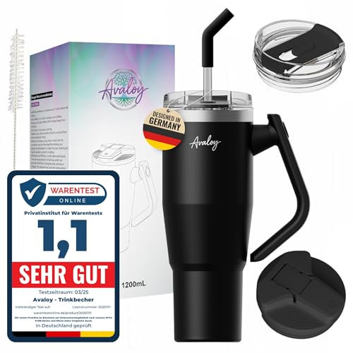 Avaloy auslaufsicher Thermobecher mit Griff und Strohhalm 40 oz Thermobecher Doppelwandiger Edelstahl Vakuum Tumbler für kalt Heiß Kaffeebecher To Go 1200 ml Stanley Cup Zubehör (Black)